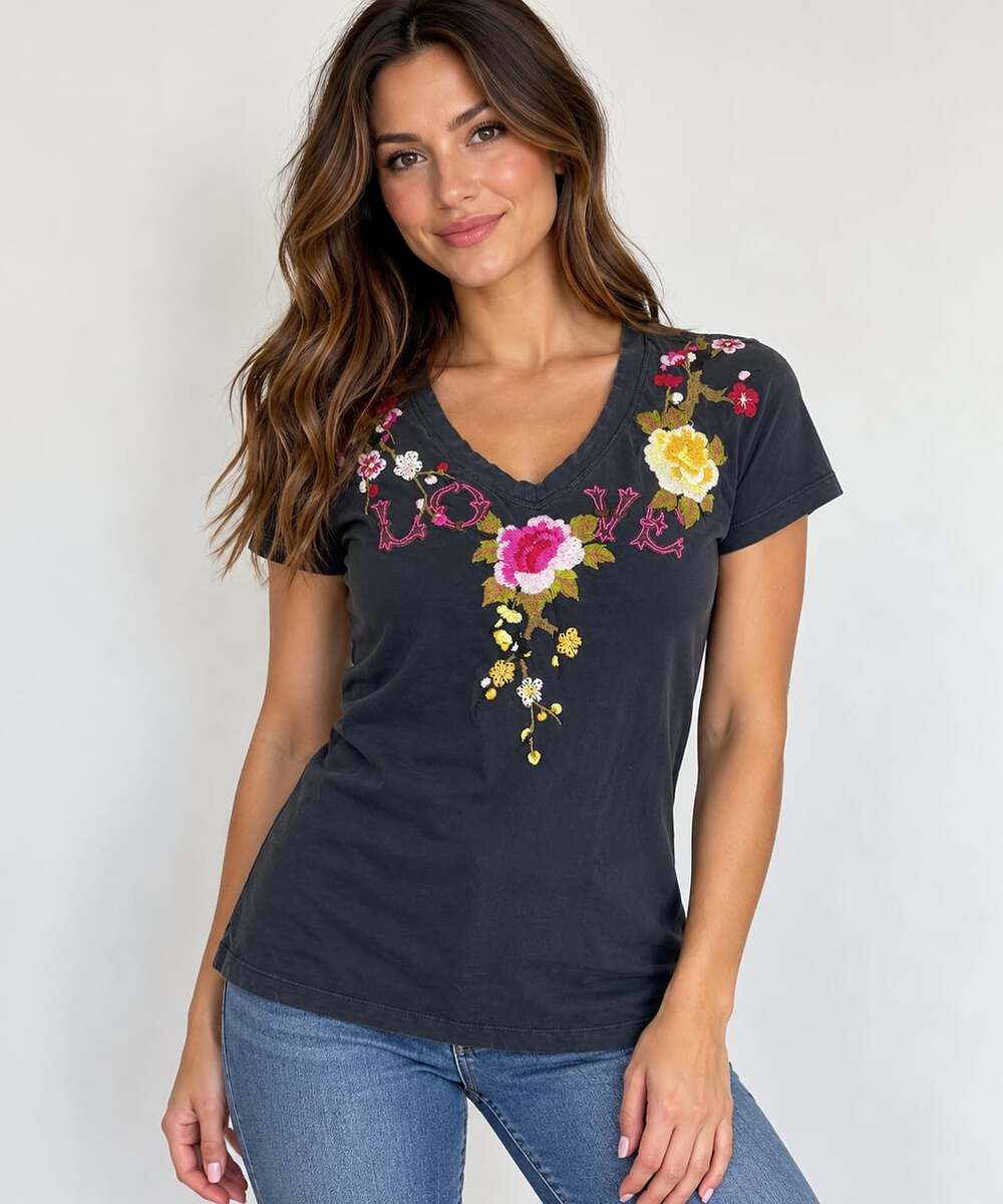 Johnny Was Estrella Tee Black Floral Embroidered V-Neck Top Medium